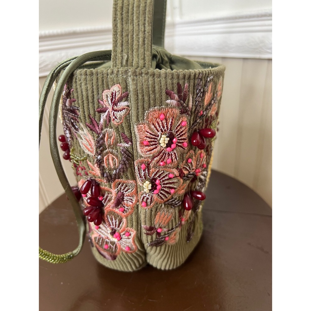 Handmade Beaded Corduroy Floral Bucket Bag Olive Green Drawstring India New - Picture 9 of 10